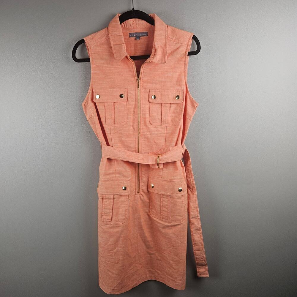 Sharagano Coral Zip Front Belted Sleeveless Safari Dress Size 10